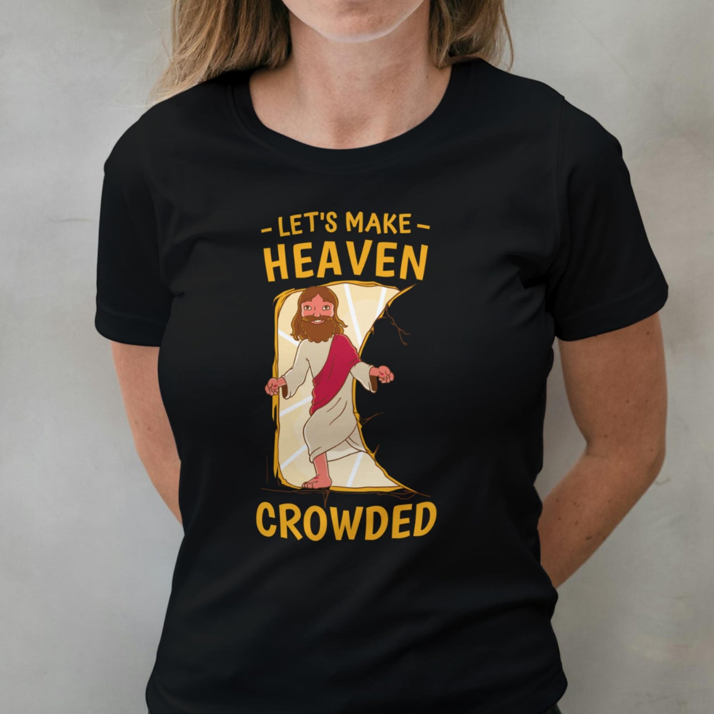 woman wearing crowed heaven t shirt