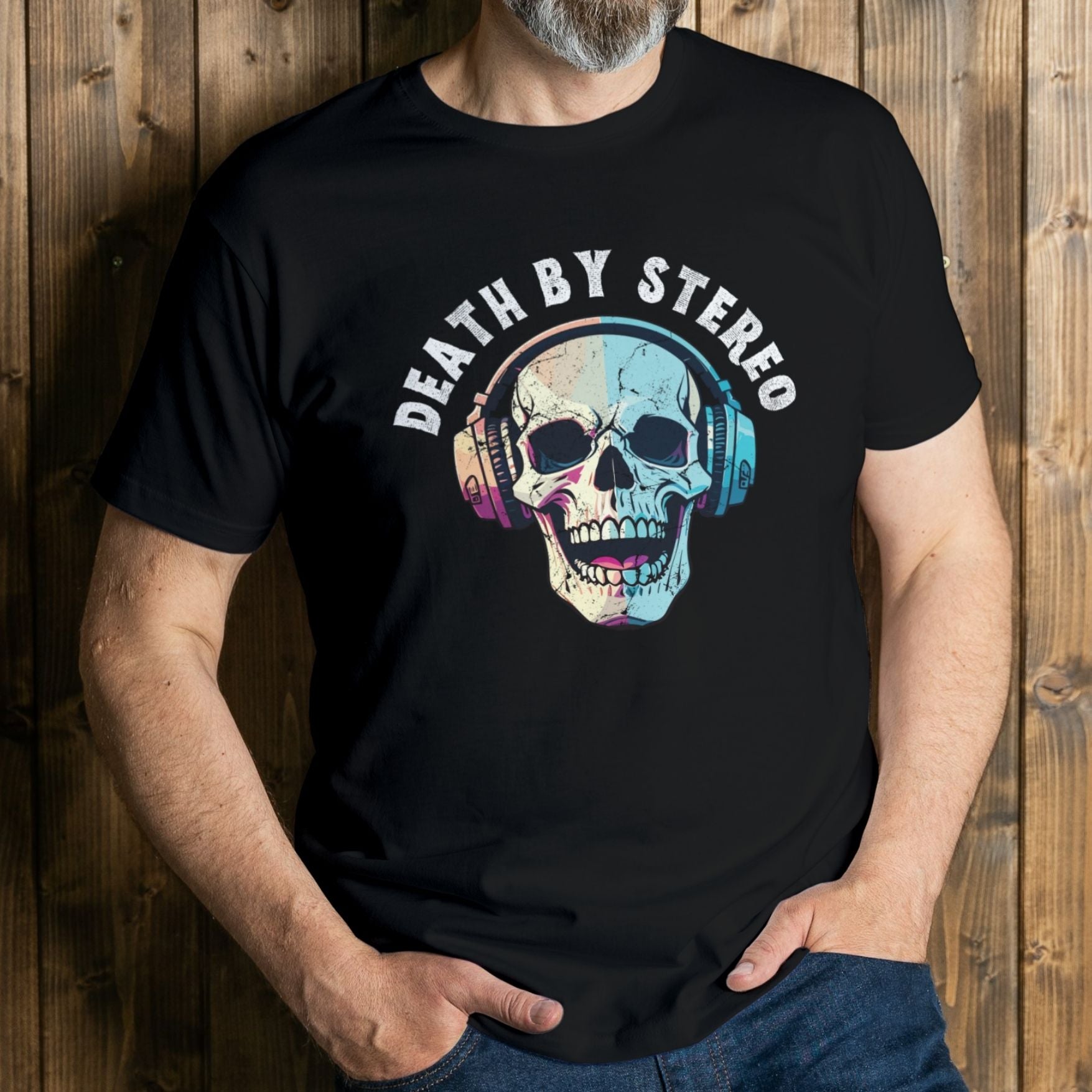 man wearing death by stereo graphic tee