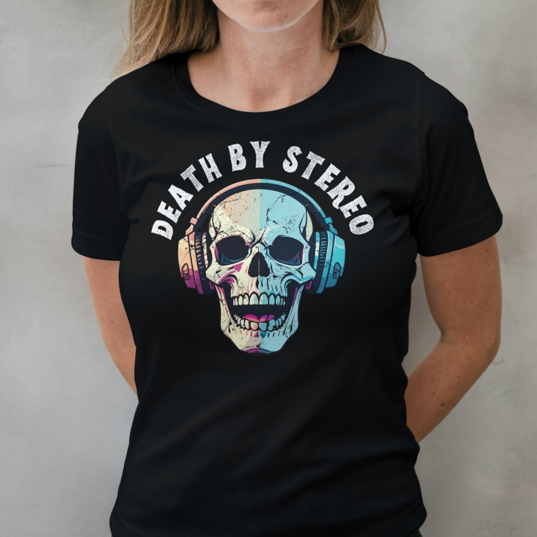 woman wearing death by stereo graphic tee