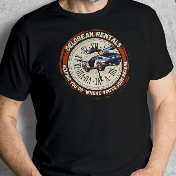 man wearing delorean rentals t shirt