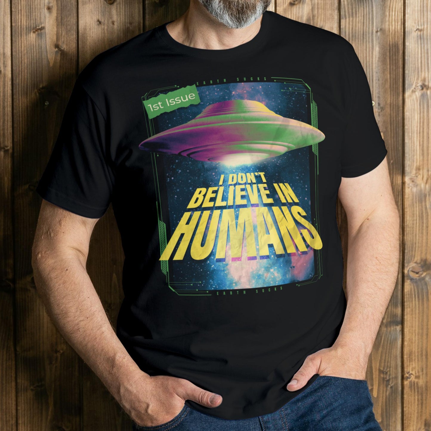 man wearing humans graphic tee