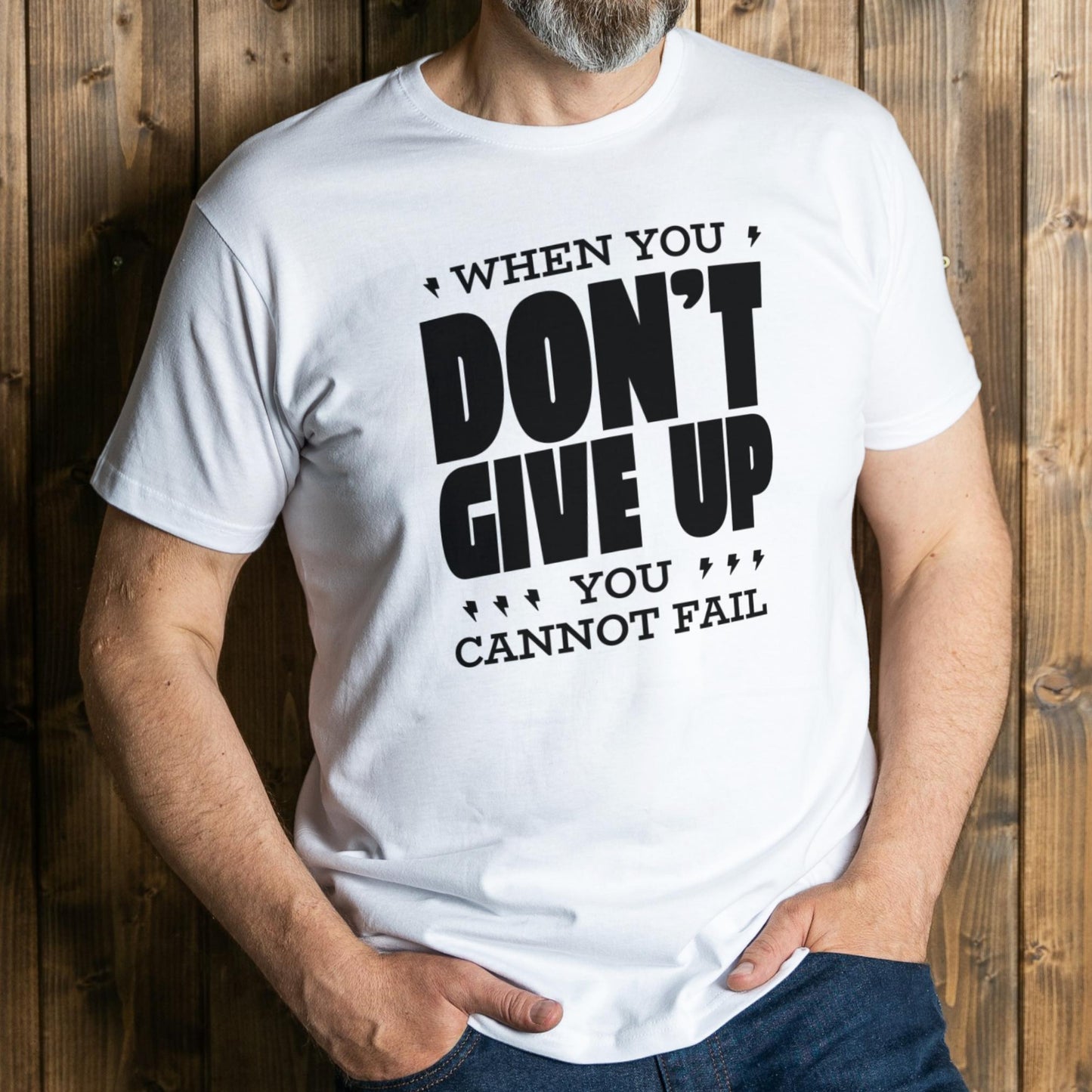 man wearing dont give up graphic tee