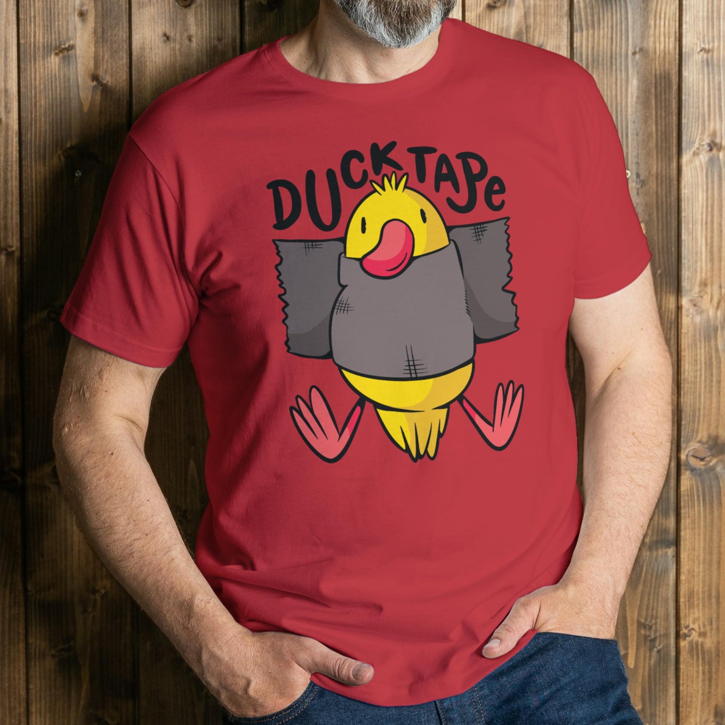 man wearing duck tape t shirt