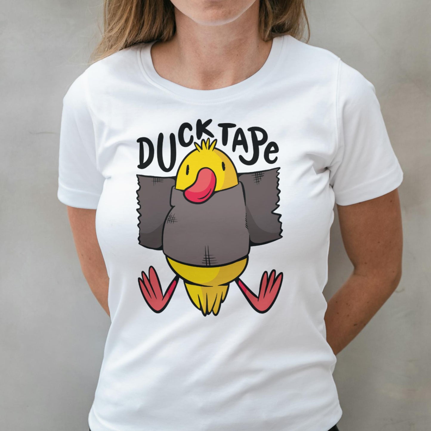 woman wearing duck tape t shirt
