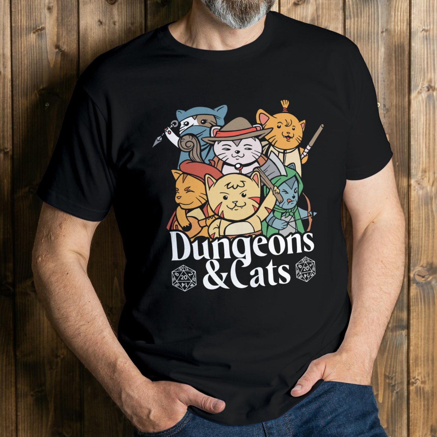 man wearing dungeons and cats t shirt