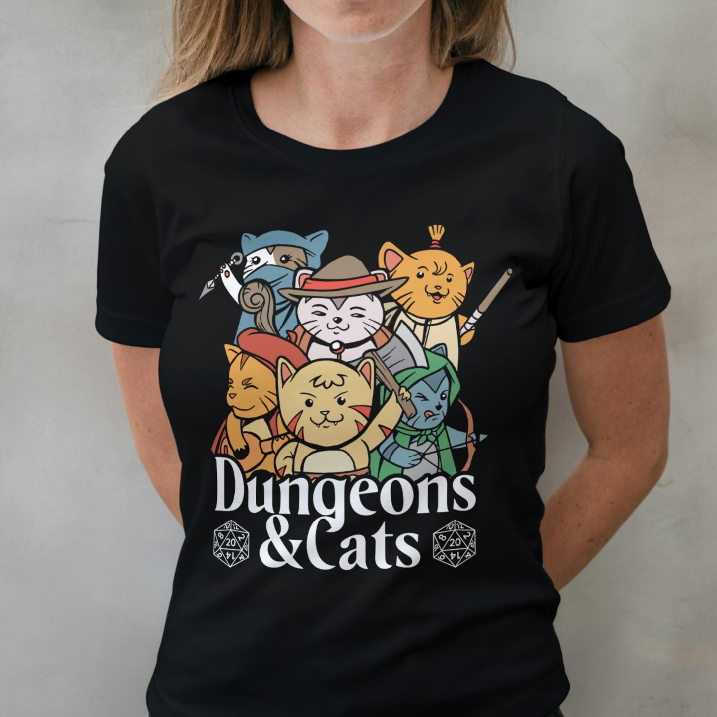 woman wearing dungeon and cats t shirt