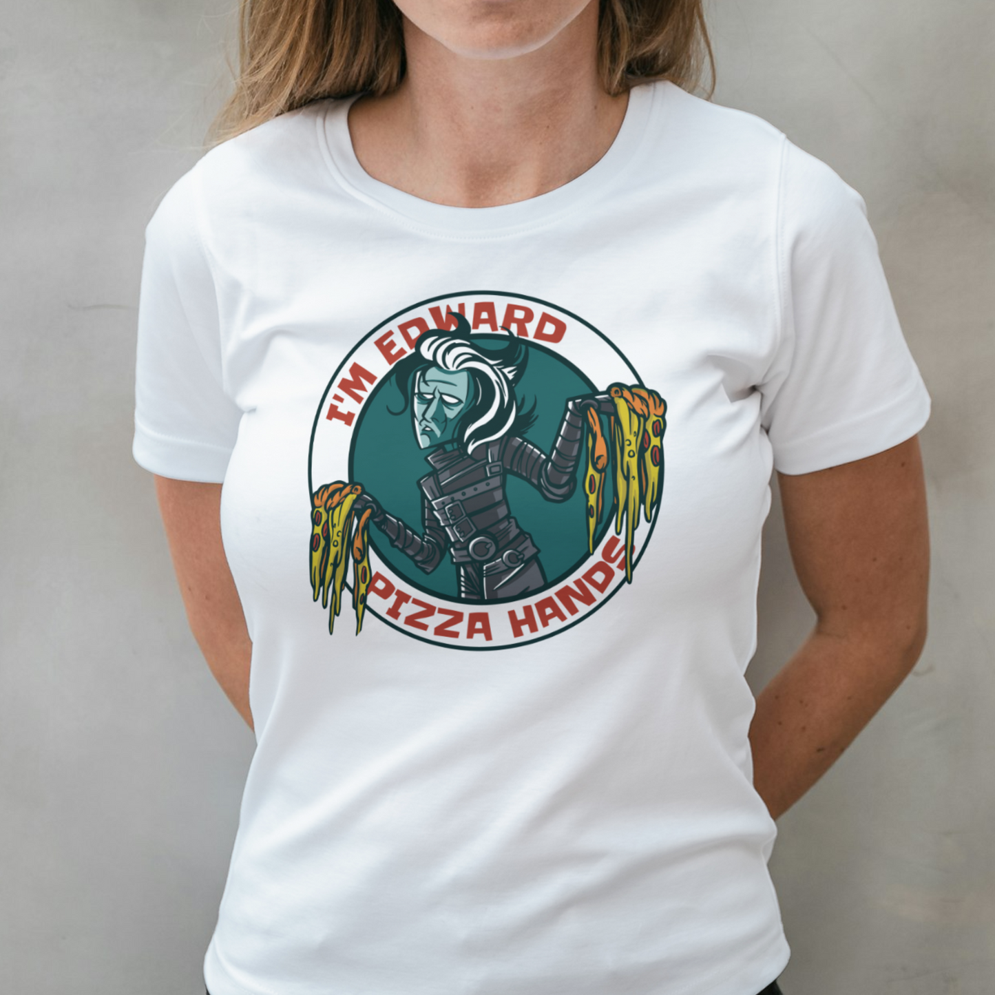 woman wearing pizza hand graphic tee