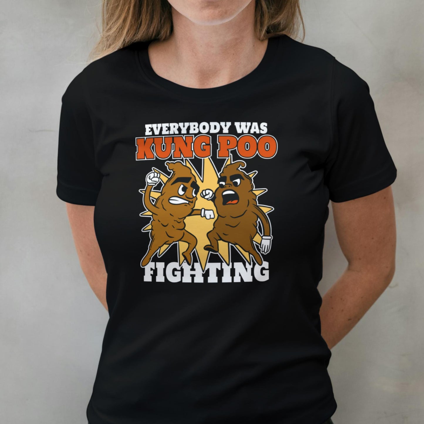 woman wearing kung poo fighting t shirt