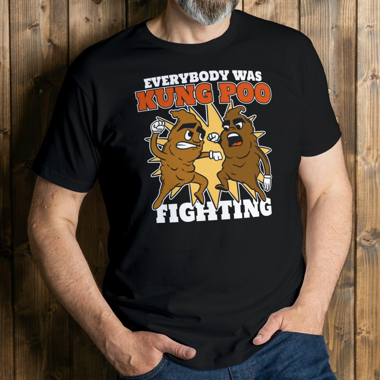 man wearing kung poo fight t shirt