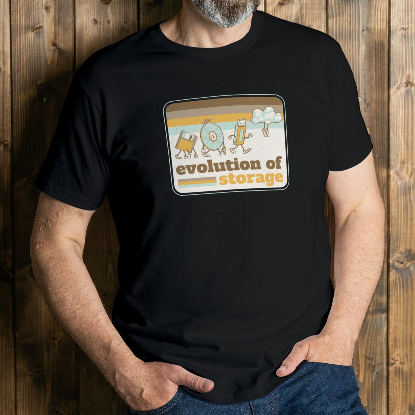man wearing evolutions of storage graphic tee