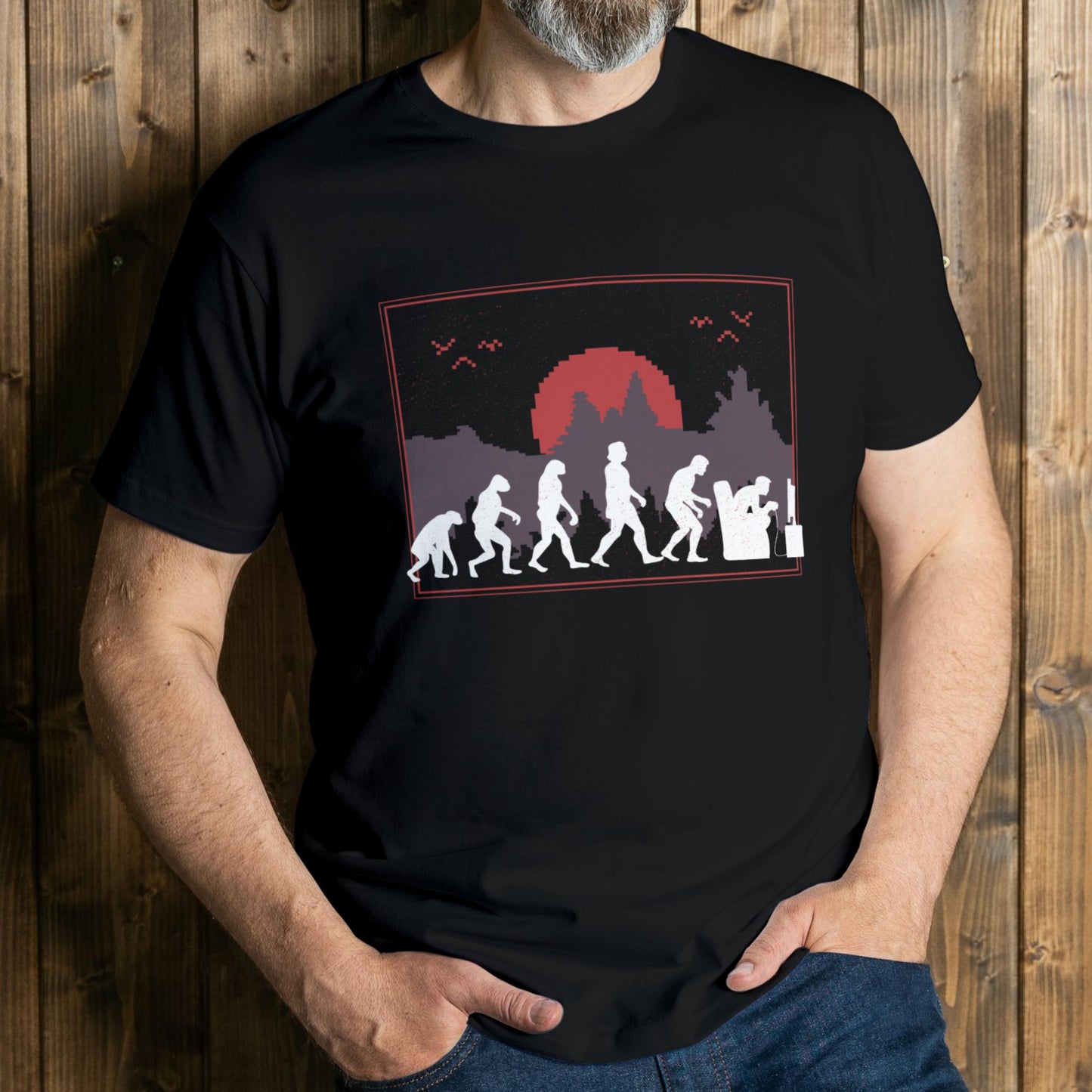 man wearing gamer evolution t shirt