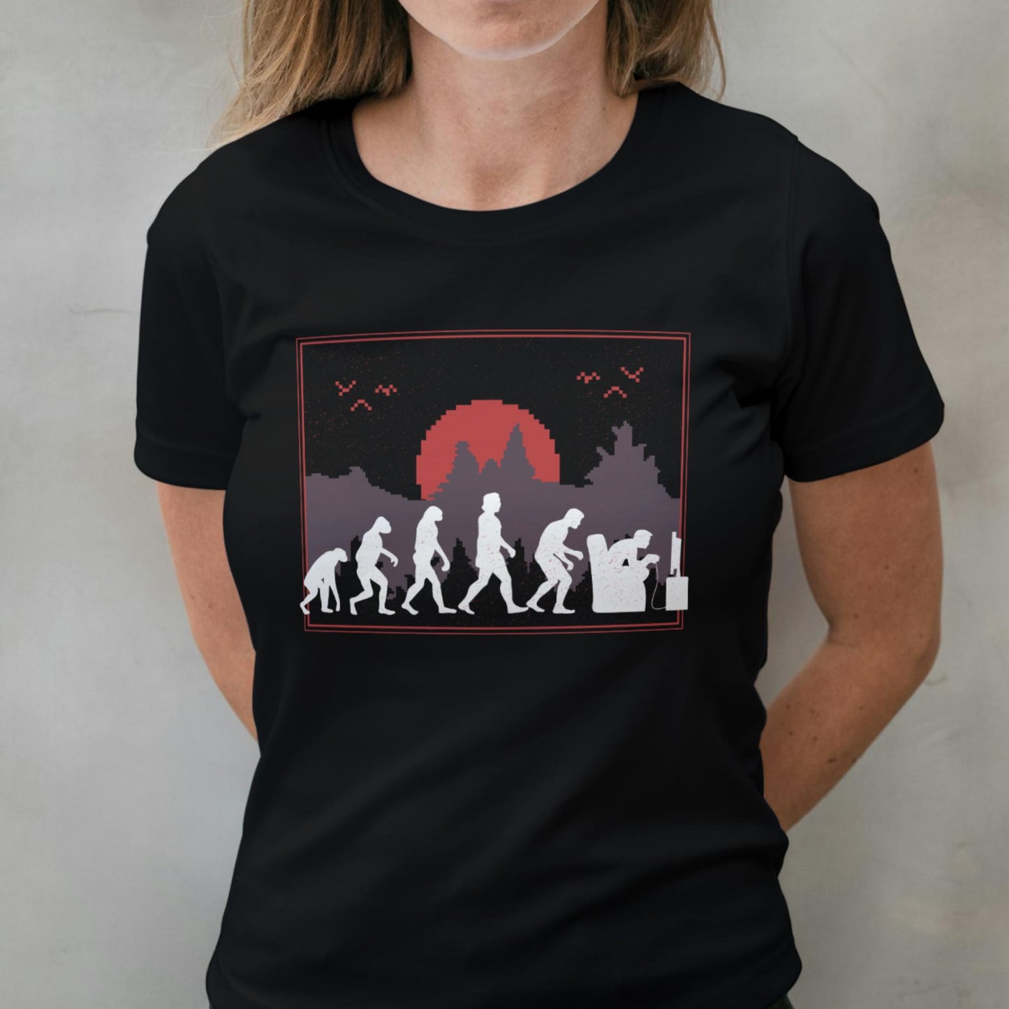 woman wearing gamer evolution t shirt