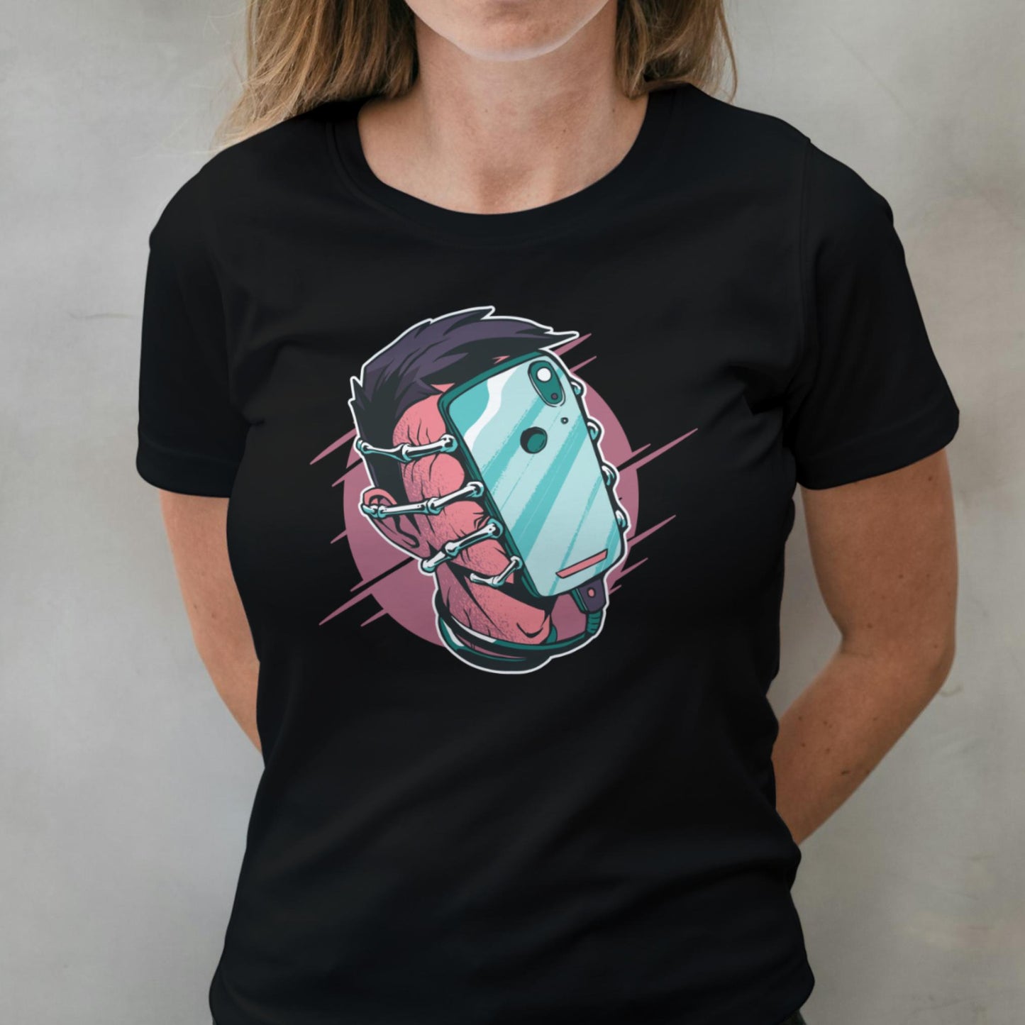 woman wearing face hugger graphic tee