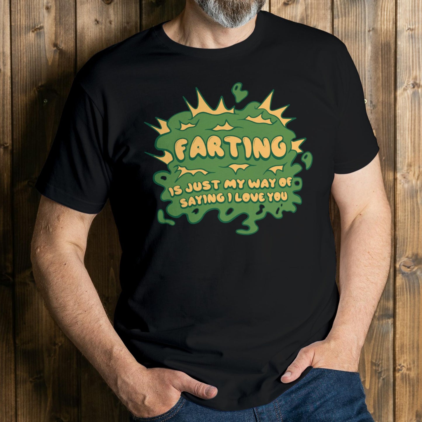 man wearing farting graphic tee