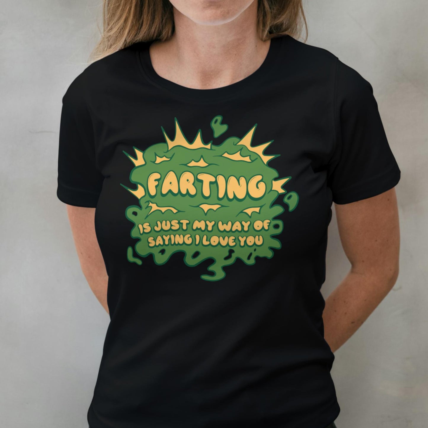 woman wearing farting graphic tee