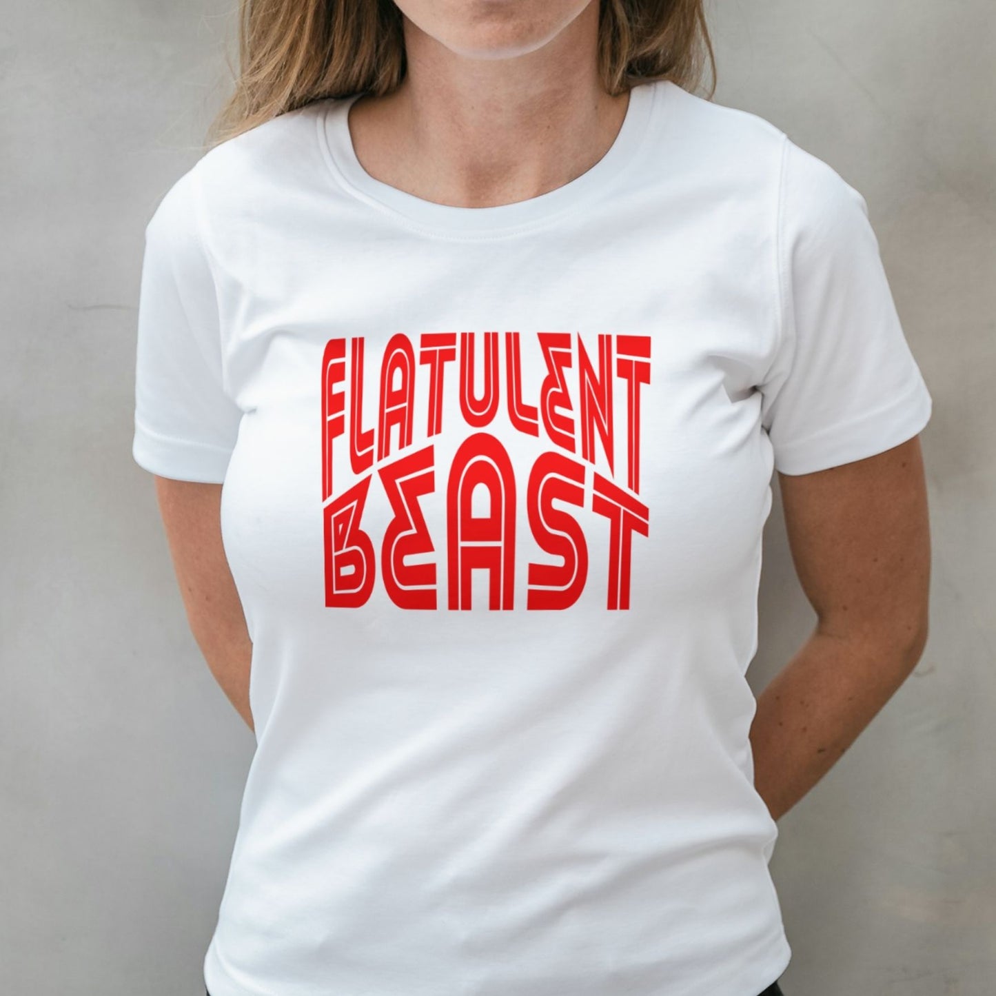 woman wearing flatulent beast red on white graphic tee