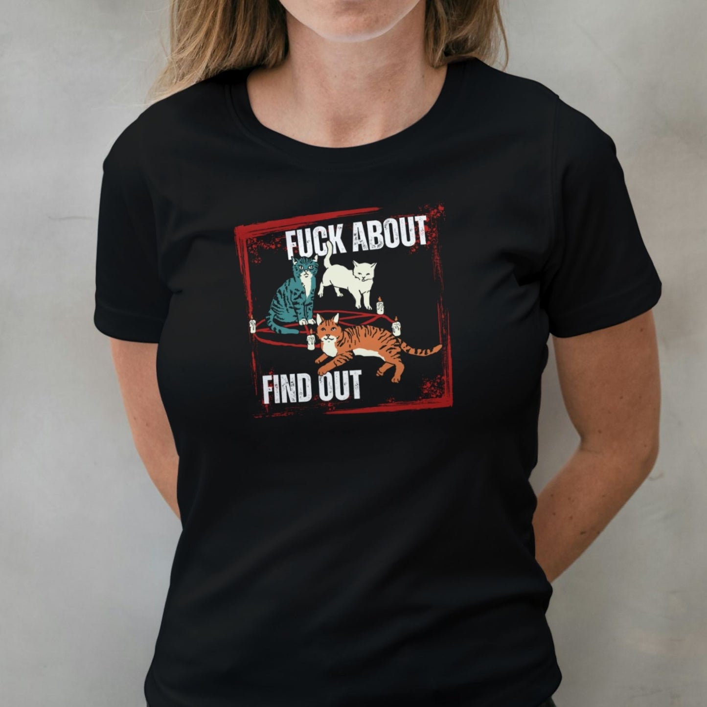 woman wearing fuck about cats graphic tee