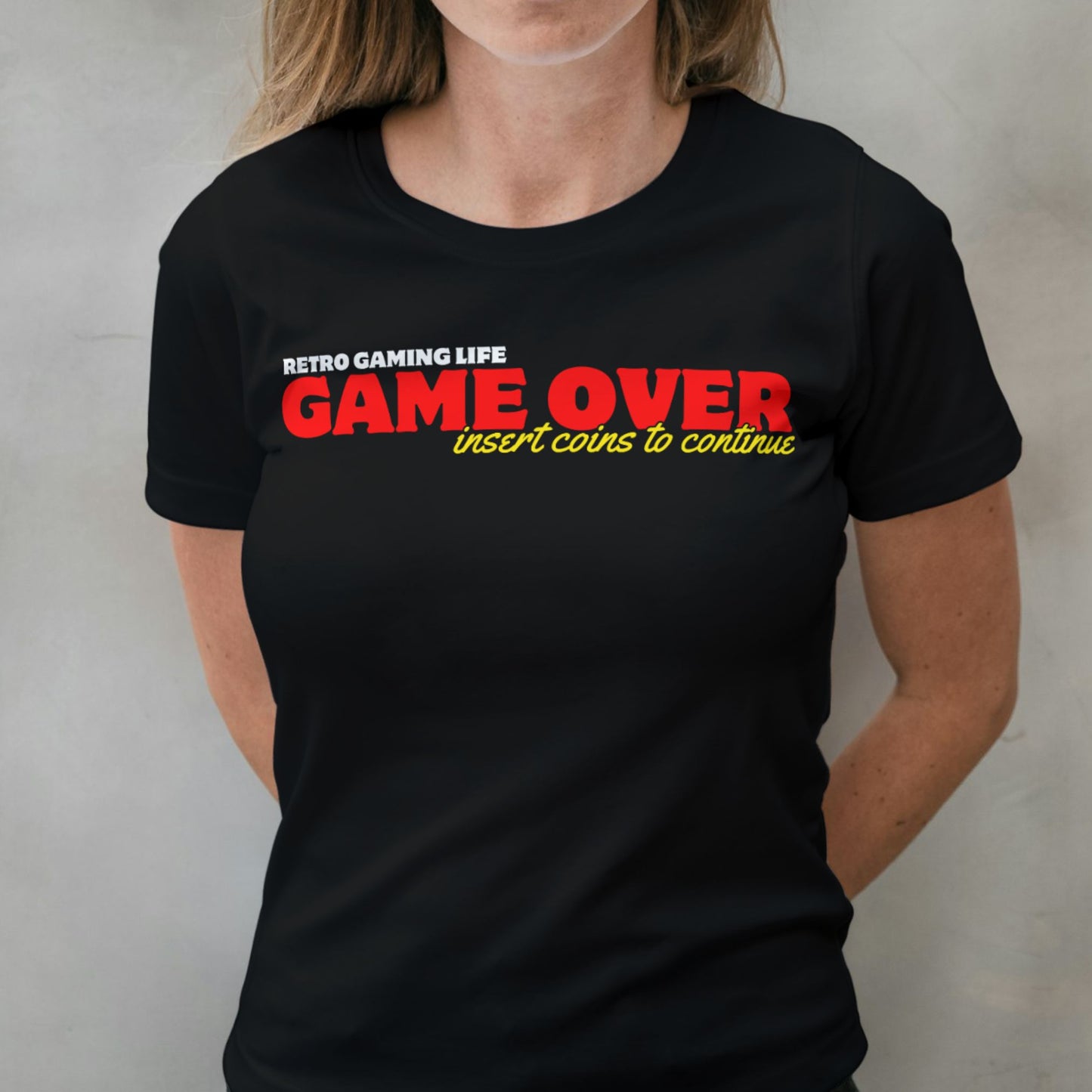 woman wearing game over insert coins to continue t shirt