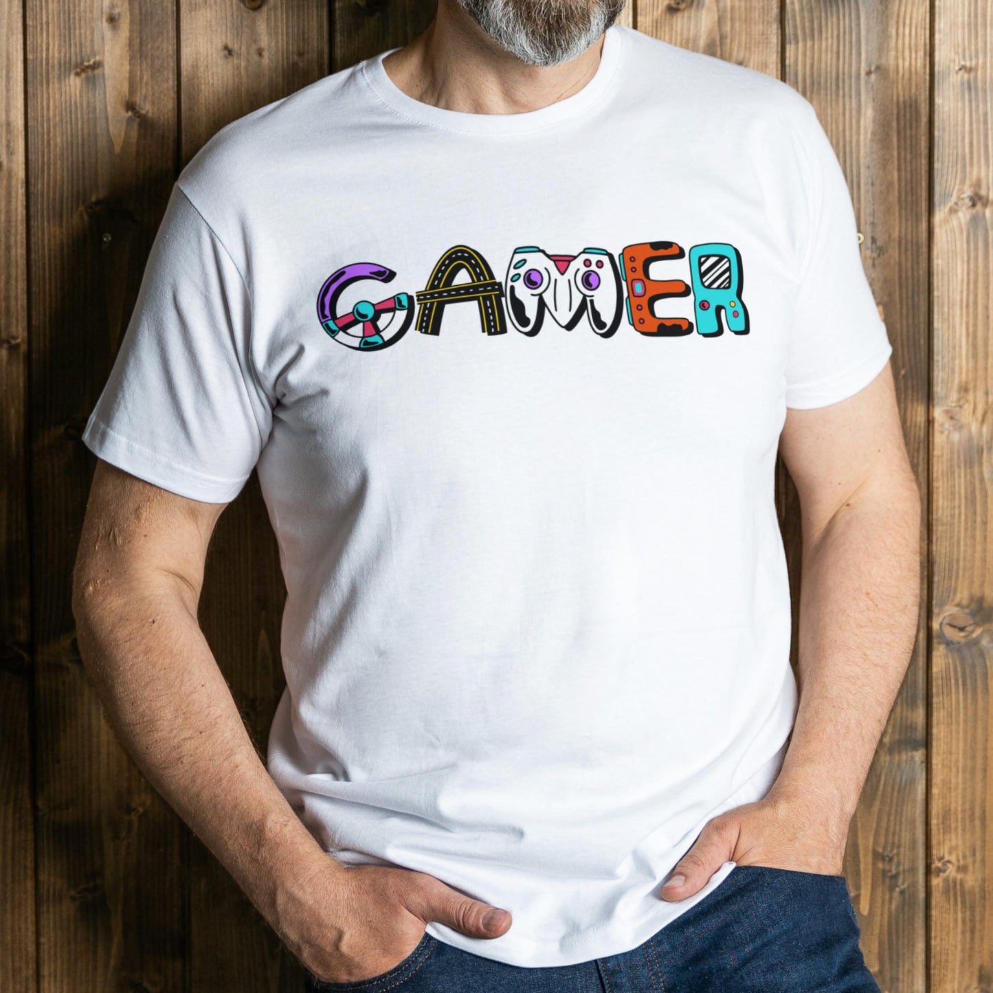 man wearing gamer t shirt