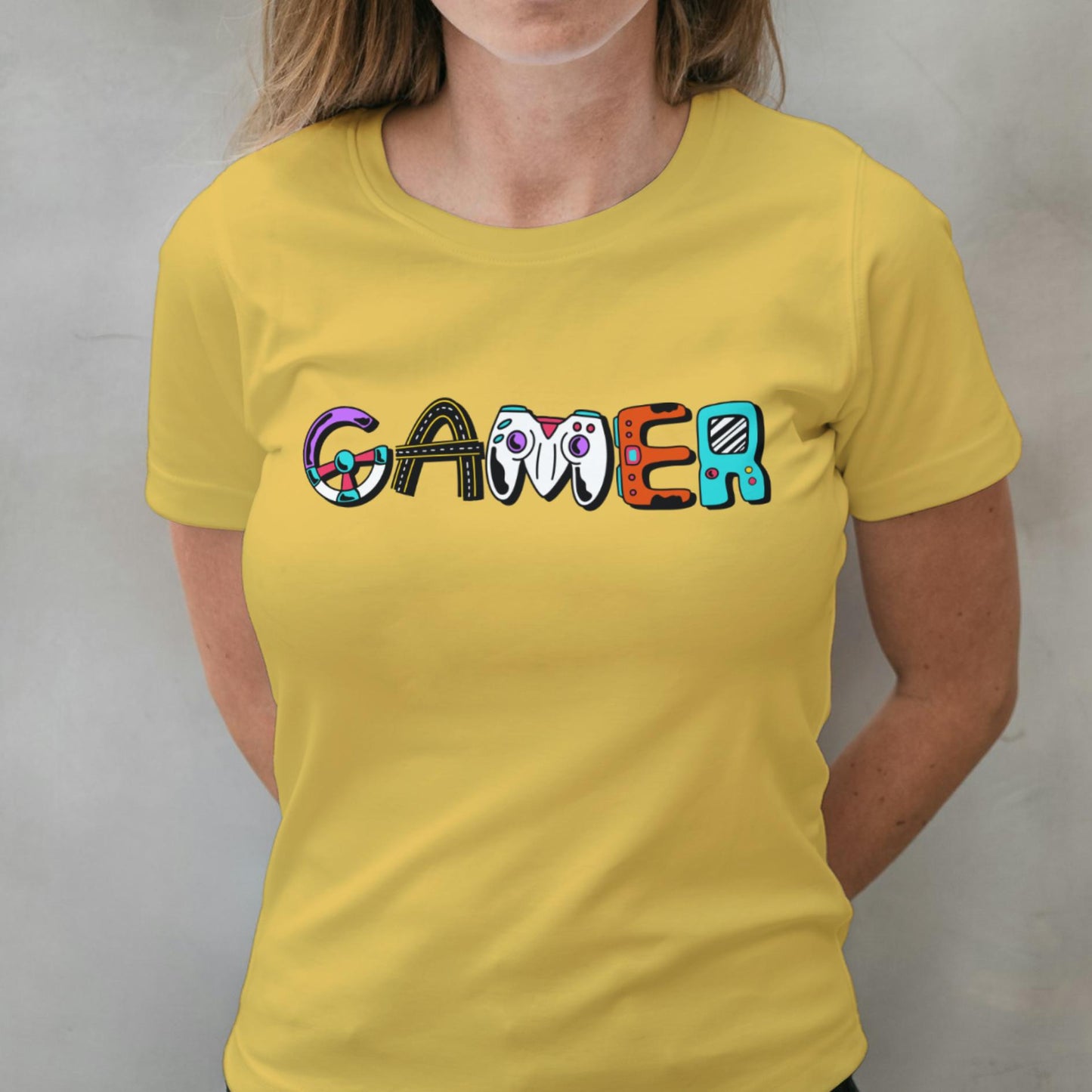woman wearing gamer t shirt