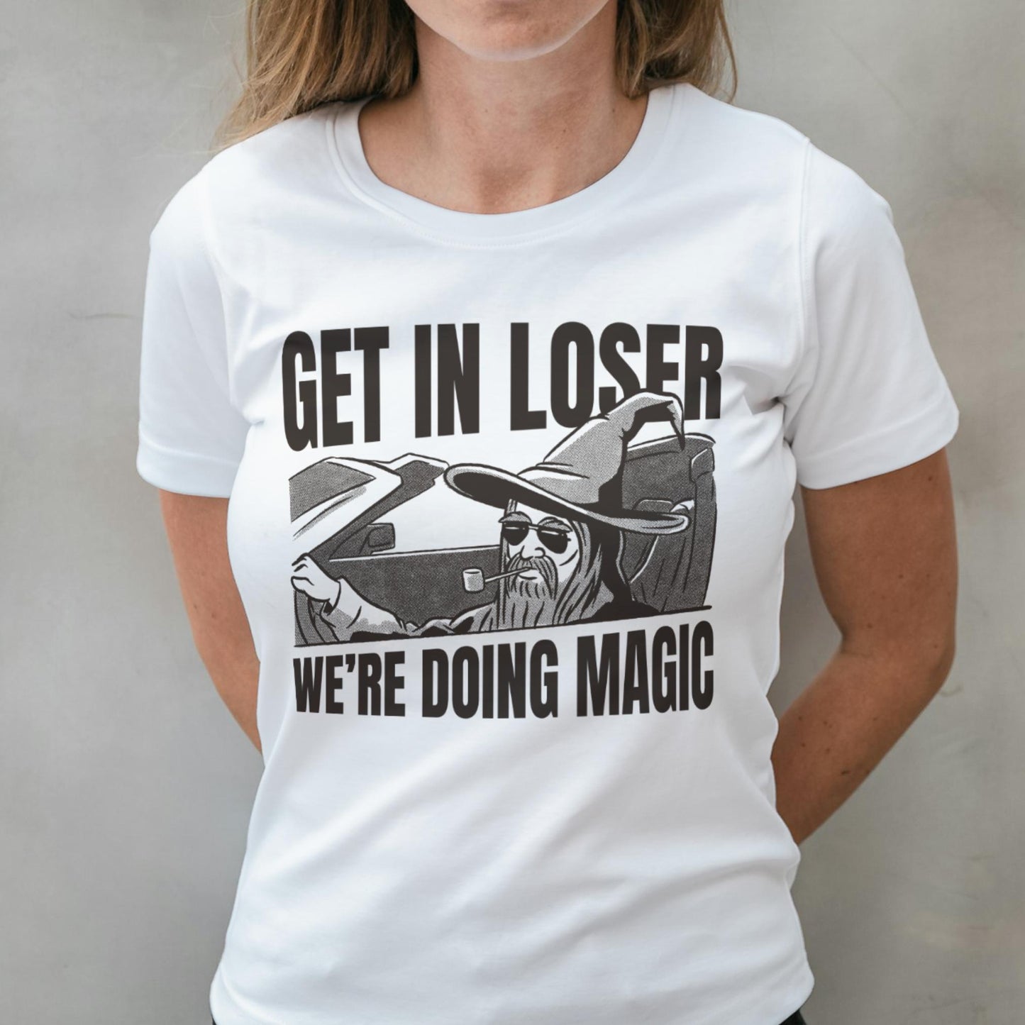 woman wearing get in loser graphic tee