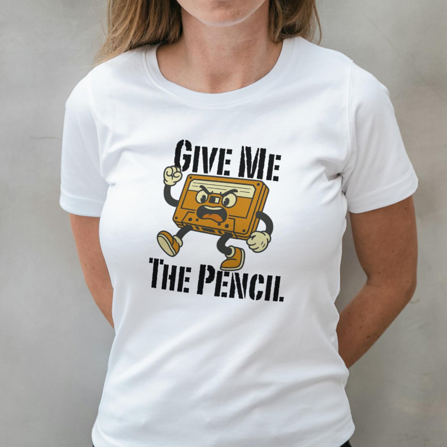 Person wearing a white t-shirt with a graphic design and text.