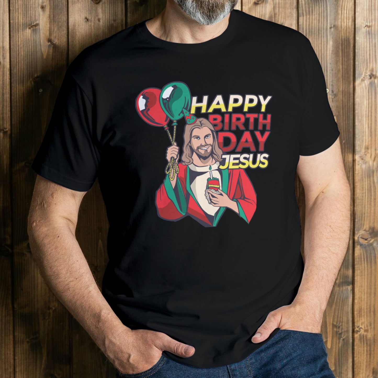 man wearing birthday jesus t shirt