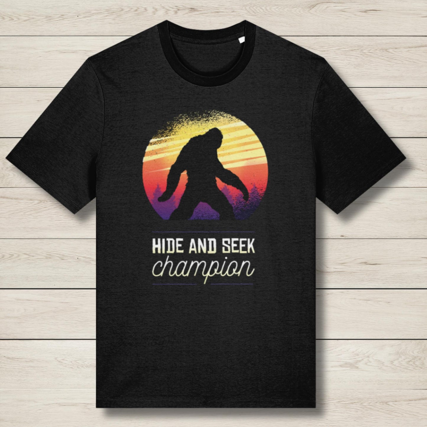 Black t-shirt with a colorful 'Hide and Seek Champion' design featuring a silhouette of a person and a circle in the background.