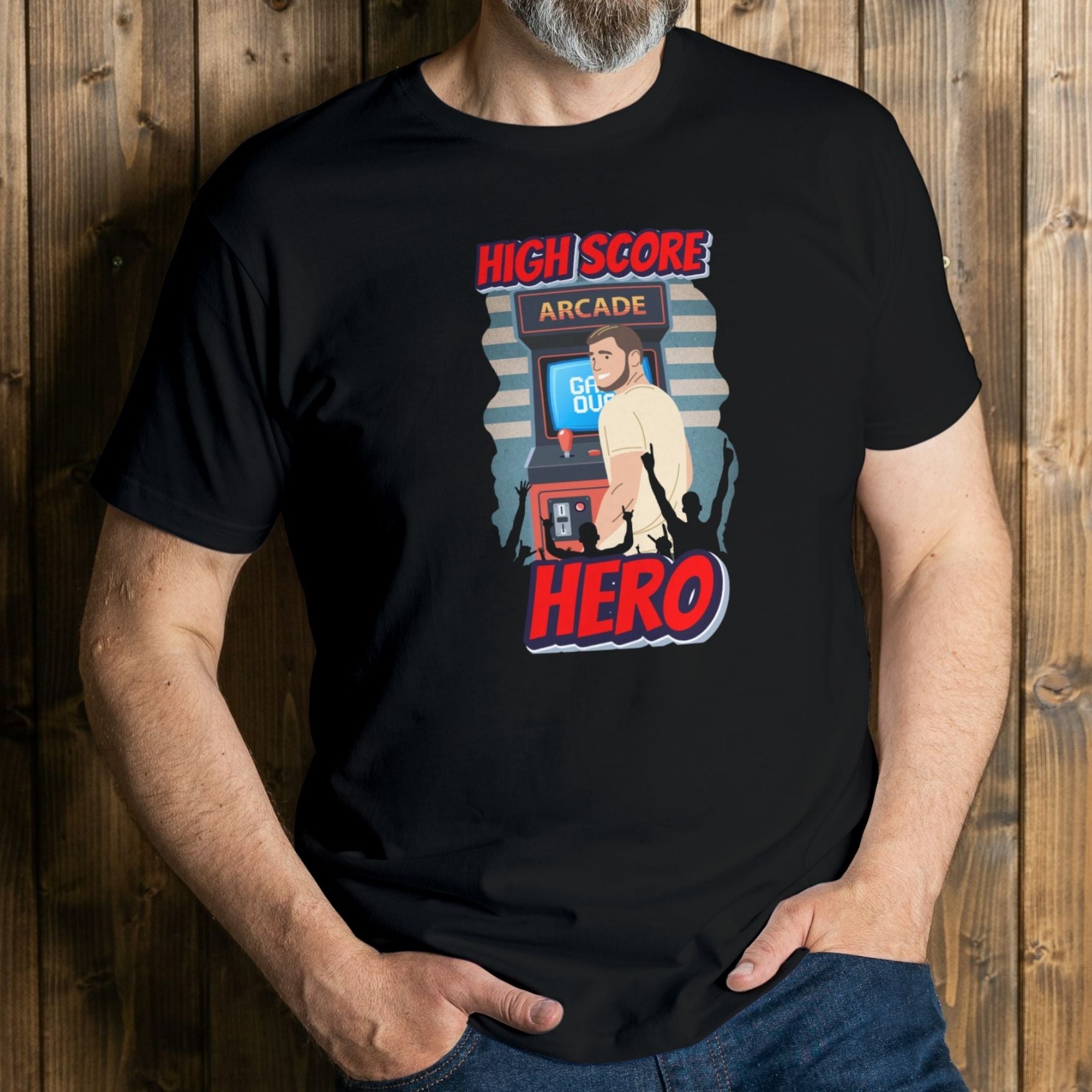 high score hero graphic tee man wearing