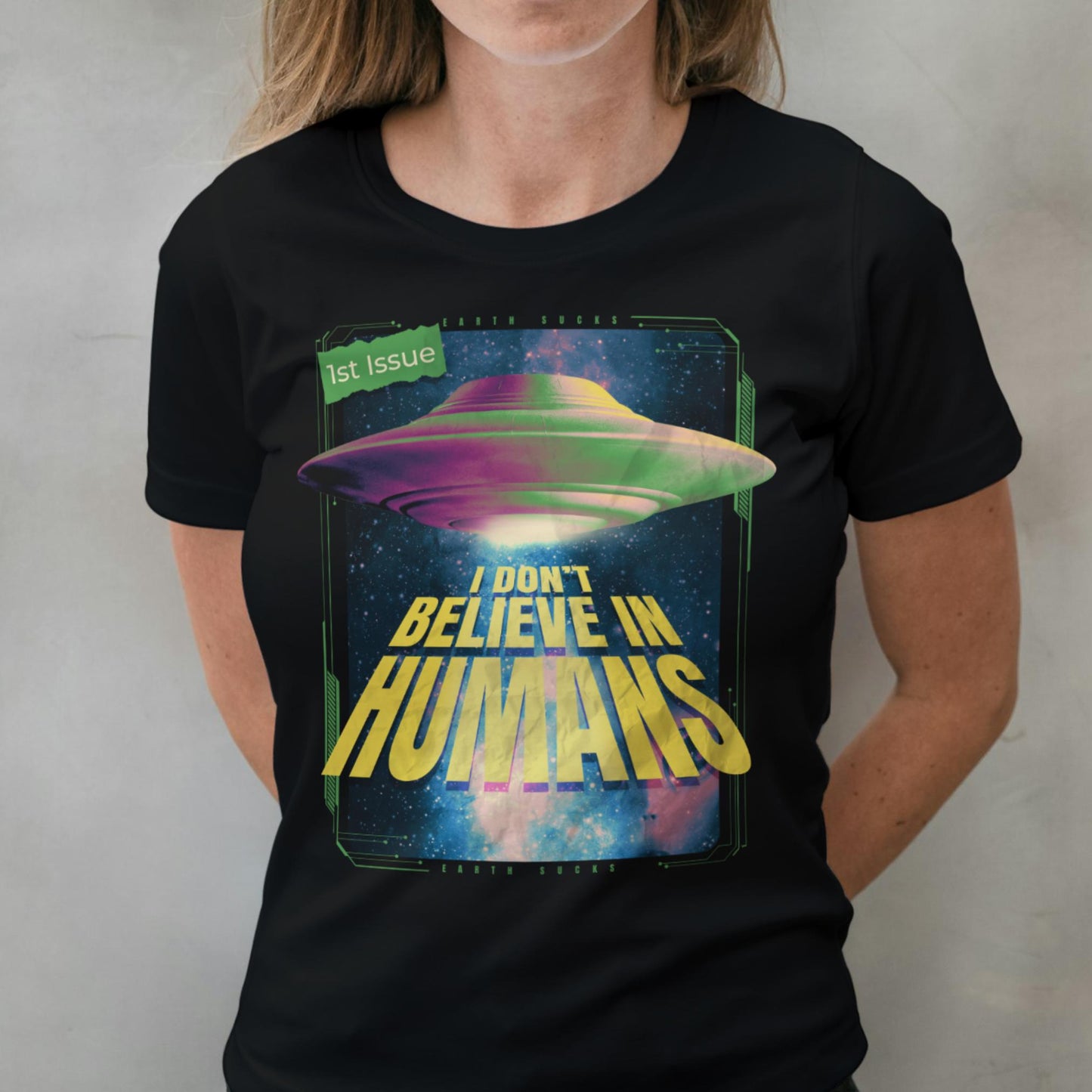 womean wearing humans graphic tee