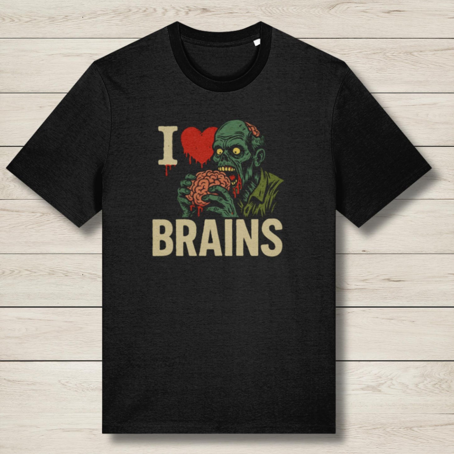 Black t-shirt with a zombie graphic and 'I ❤️ BRains' text on a wooden surface