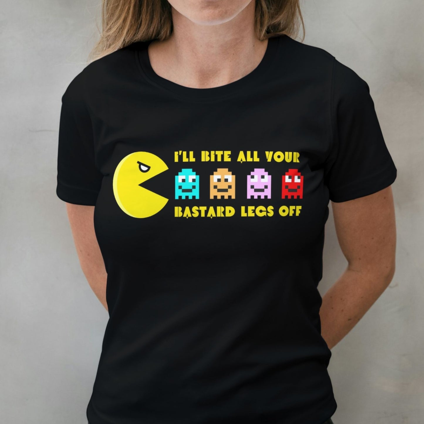 woman wearing ill bit ya legs off graphic tee