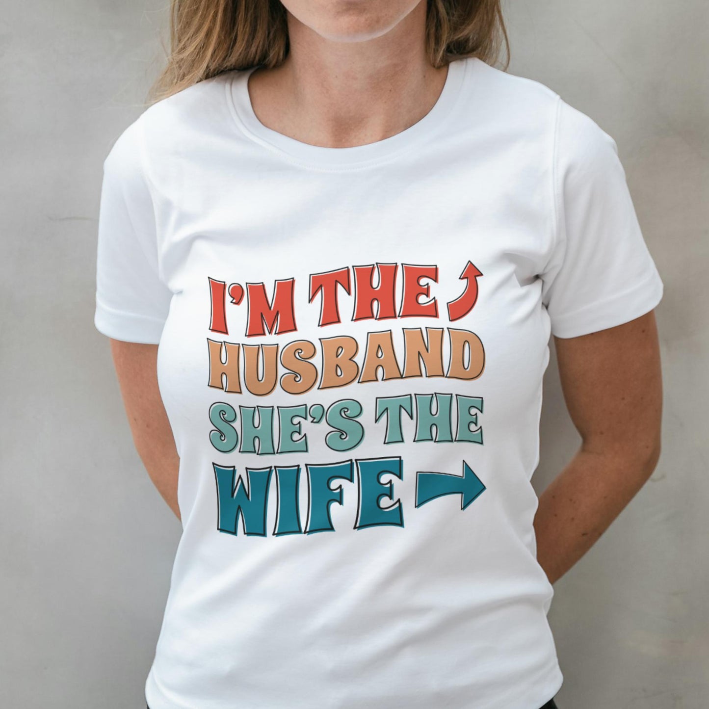 woman wearing im the husband t shirt