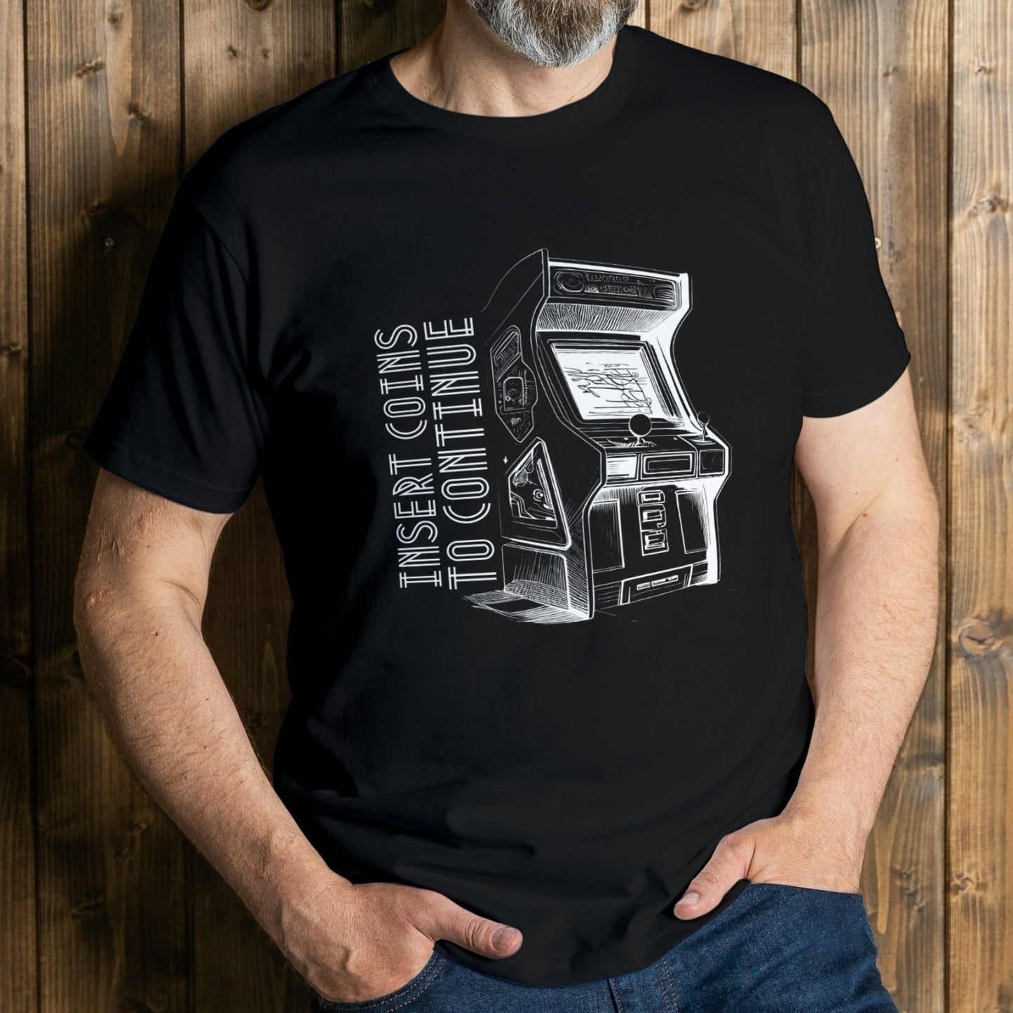 man wearing insert coins to continue t shirt