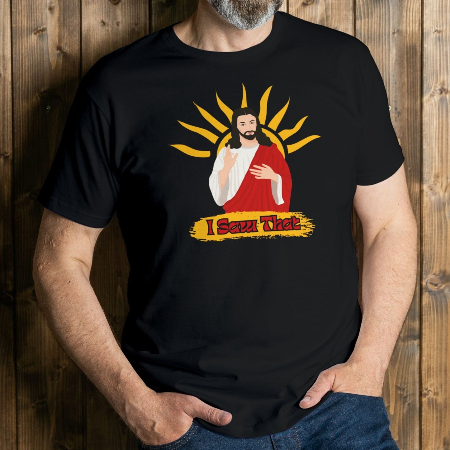 man wearing i saw that graphic tee