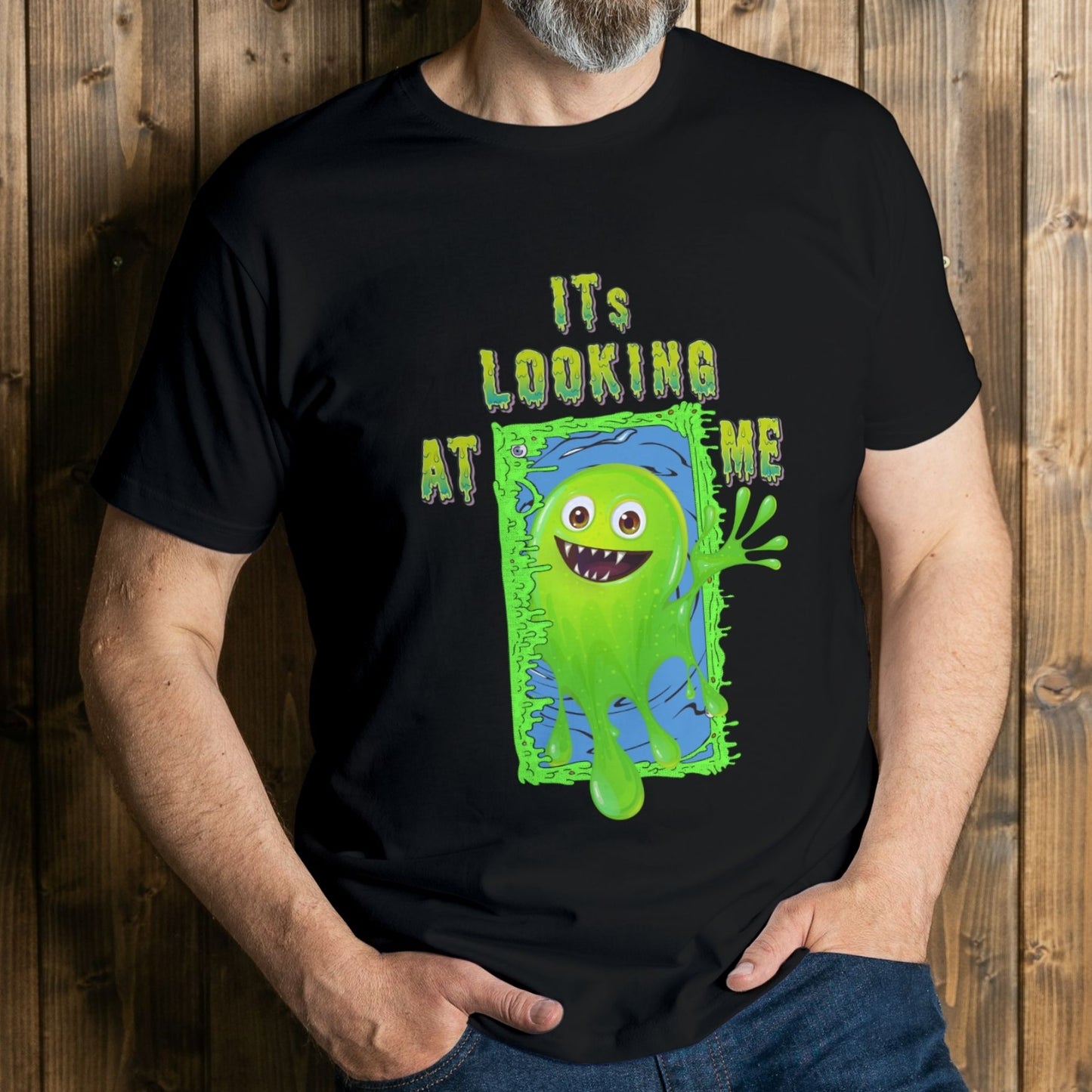 man wearing its looking at me graphic tee