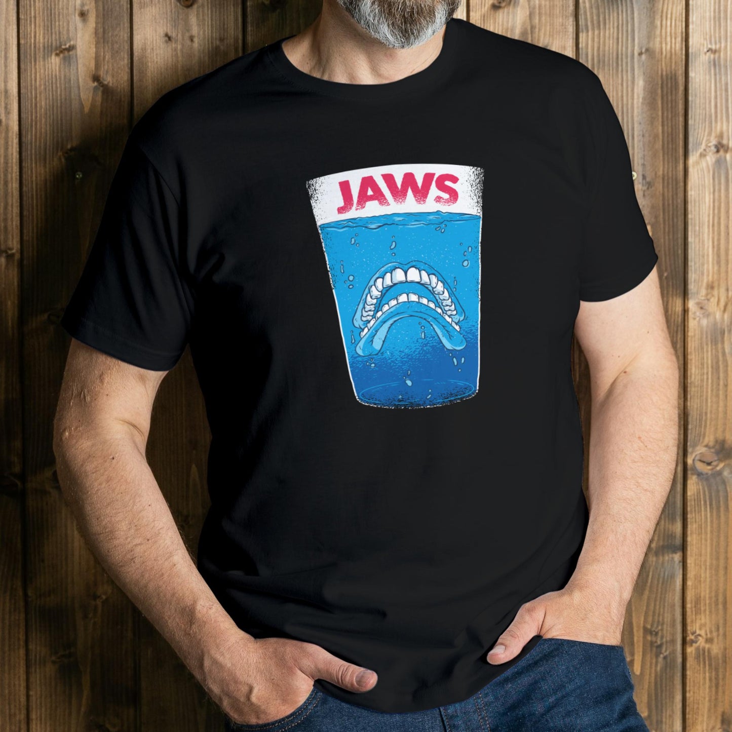 man wearing jaws graphic tee