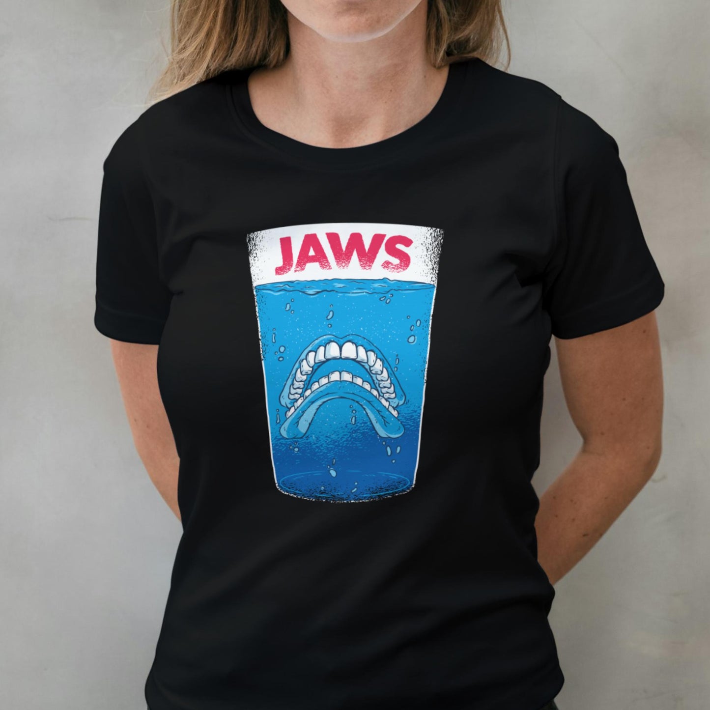 woman wearing jaws graphic tee