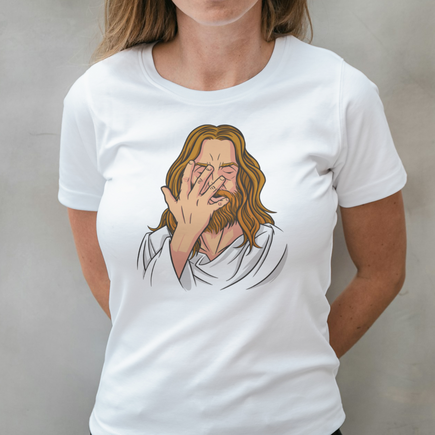 woman wearing jesus ashamed graphic tee