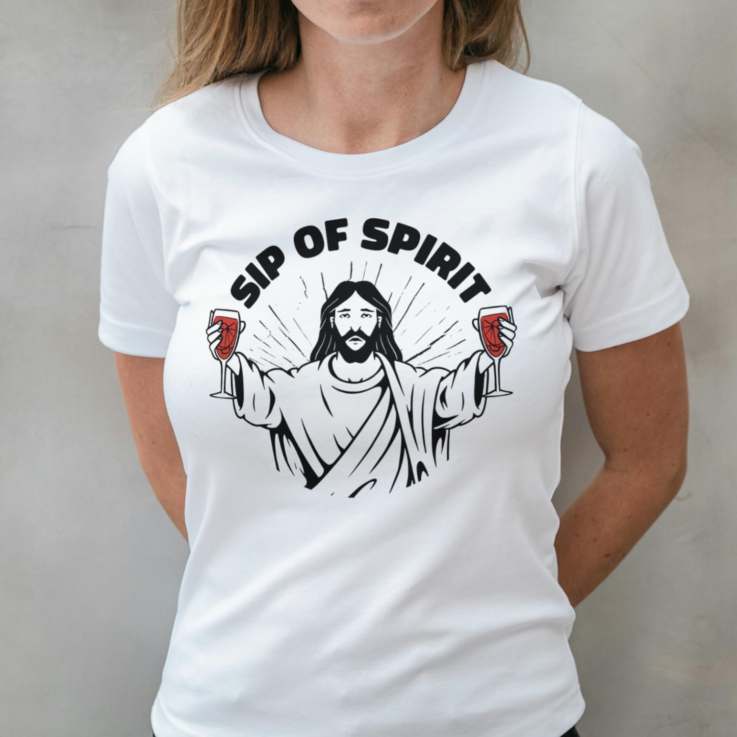 woman weaing jesus drink t shirt