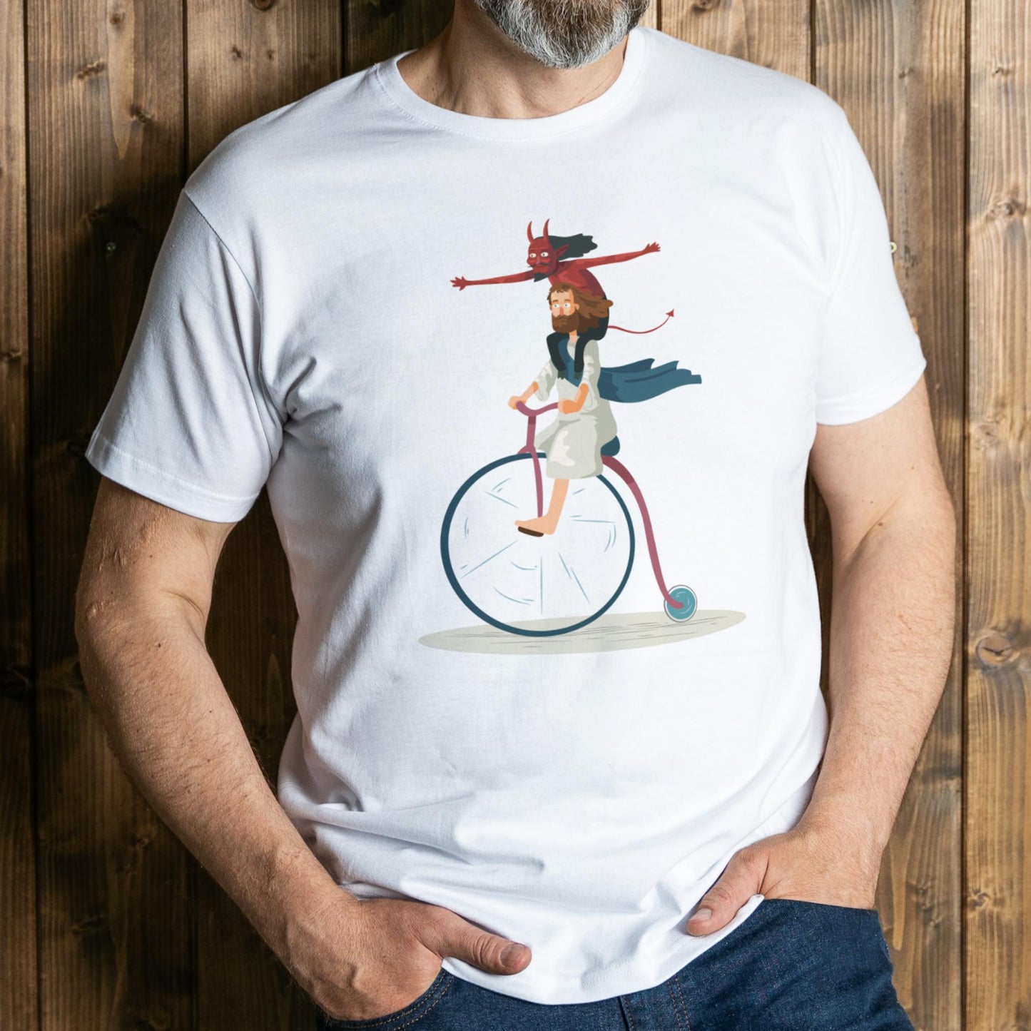 man wearing jesus unicycle t shirt