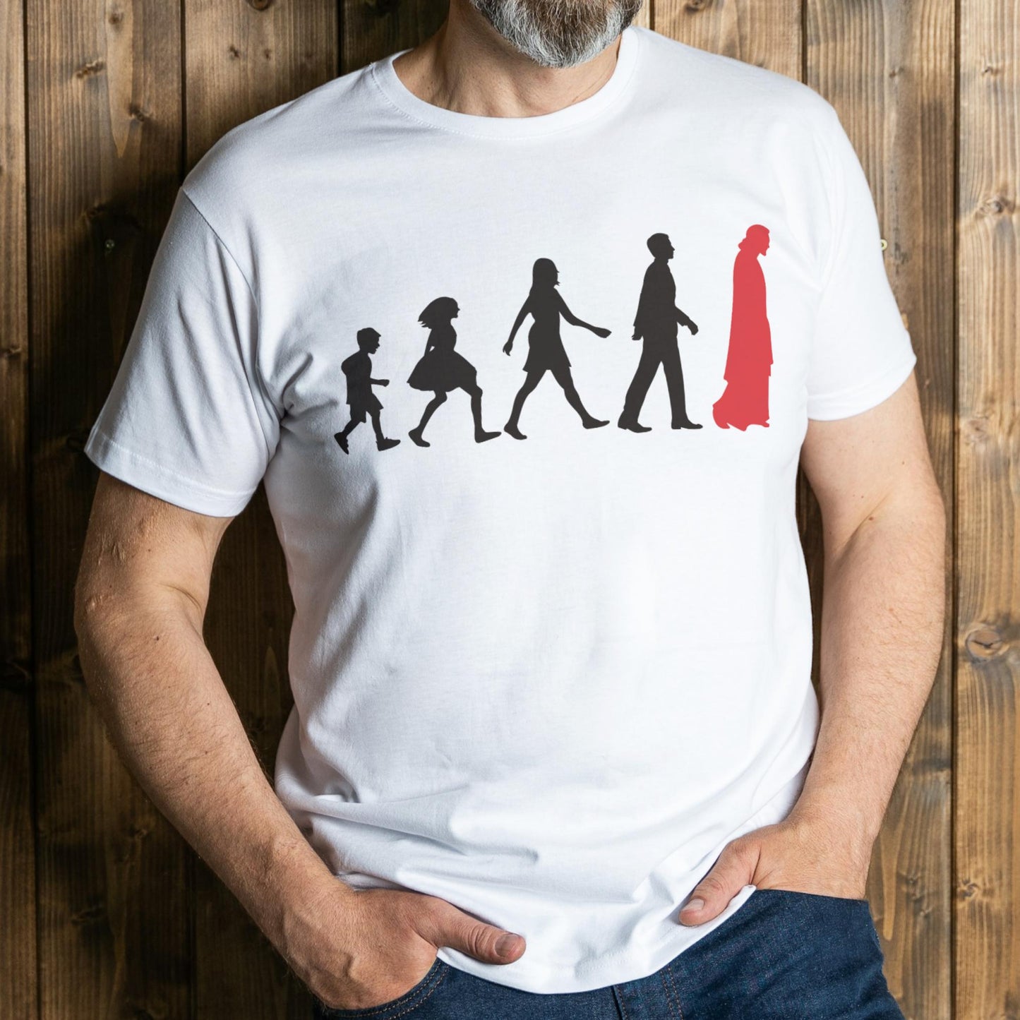 man wearing jevolution t shirt