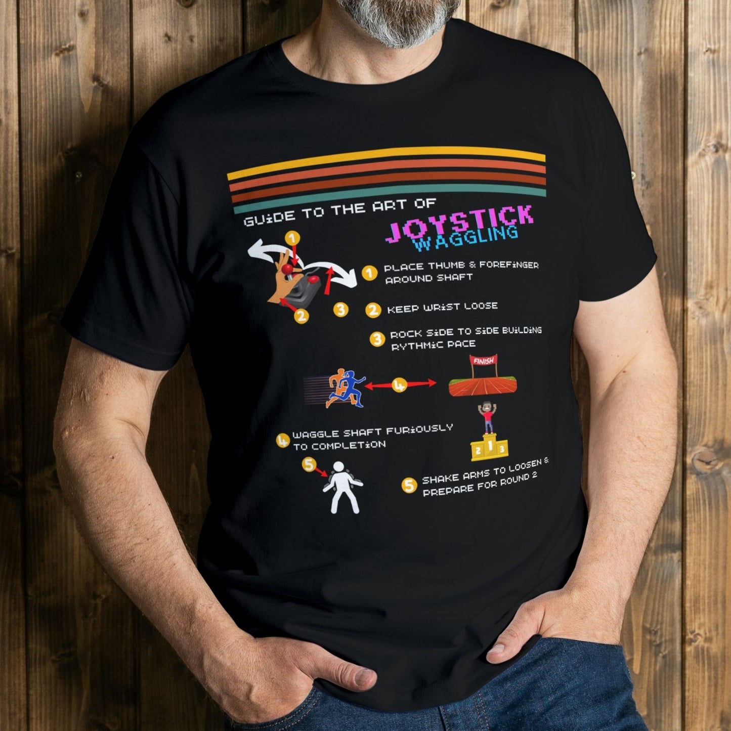 man wearing guide to joystick waggling tee