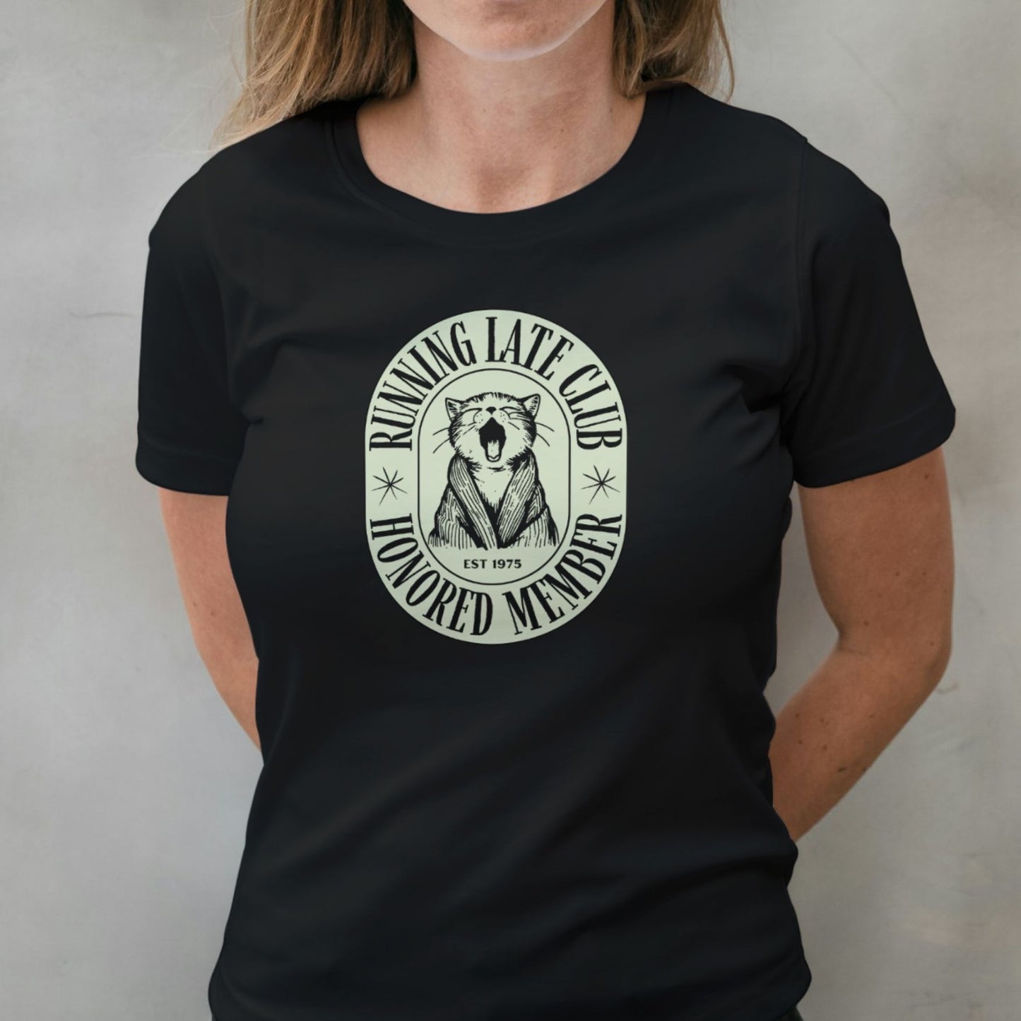 woman wearing late club cat graphic tee