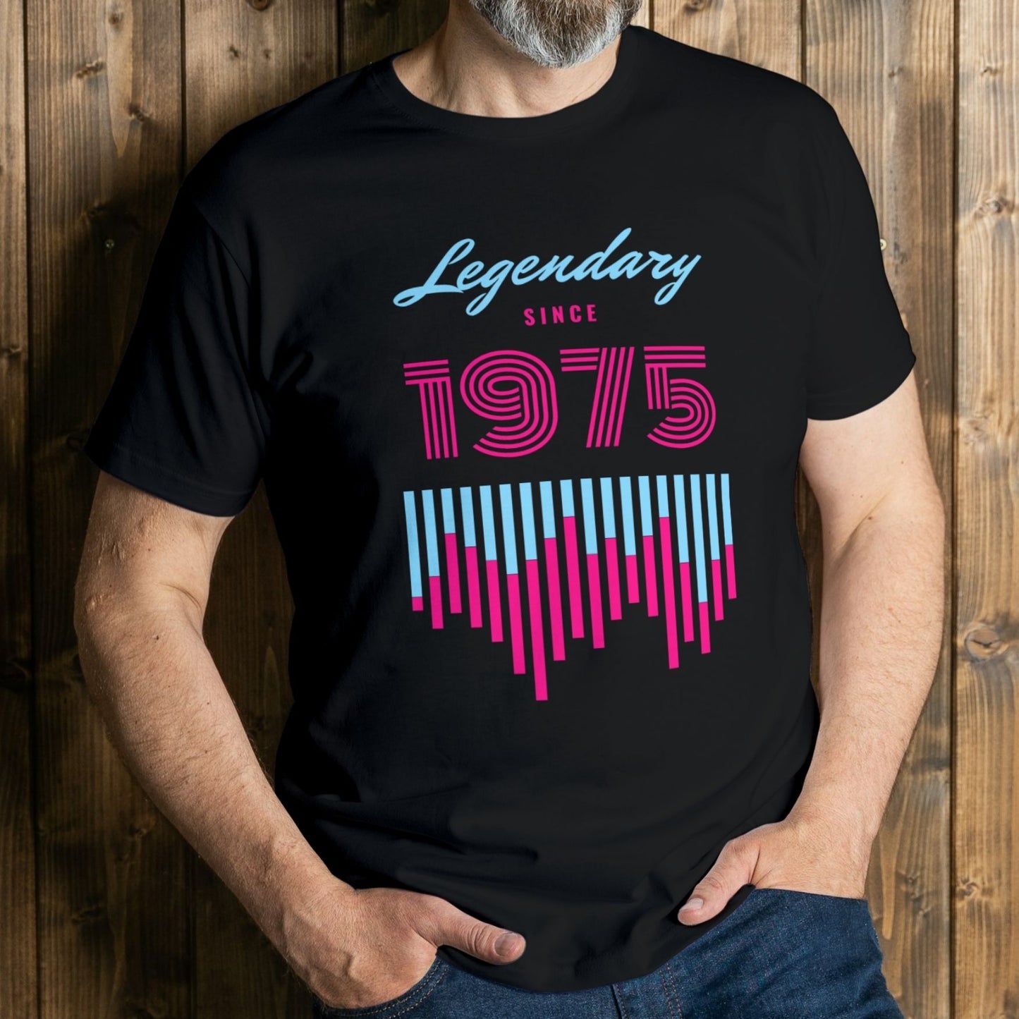 man wearing legendary since 1975 graphic tee