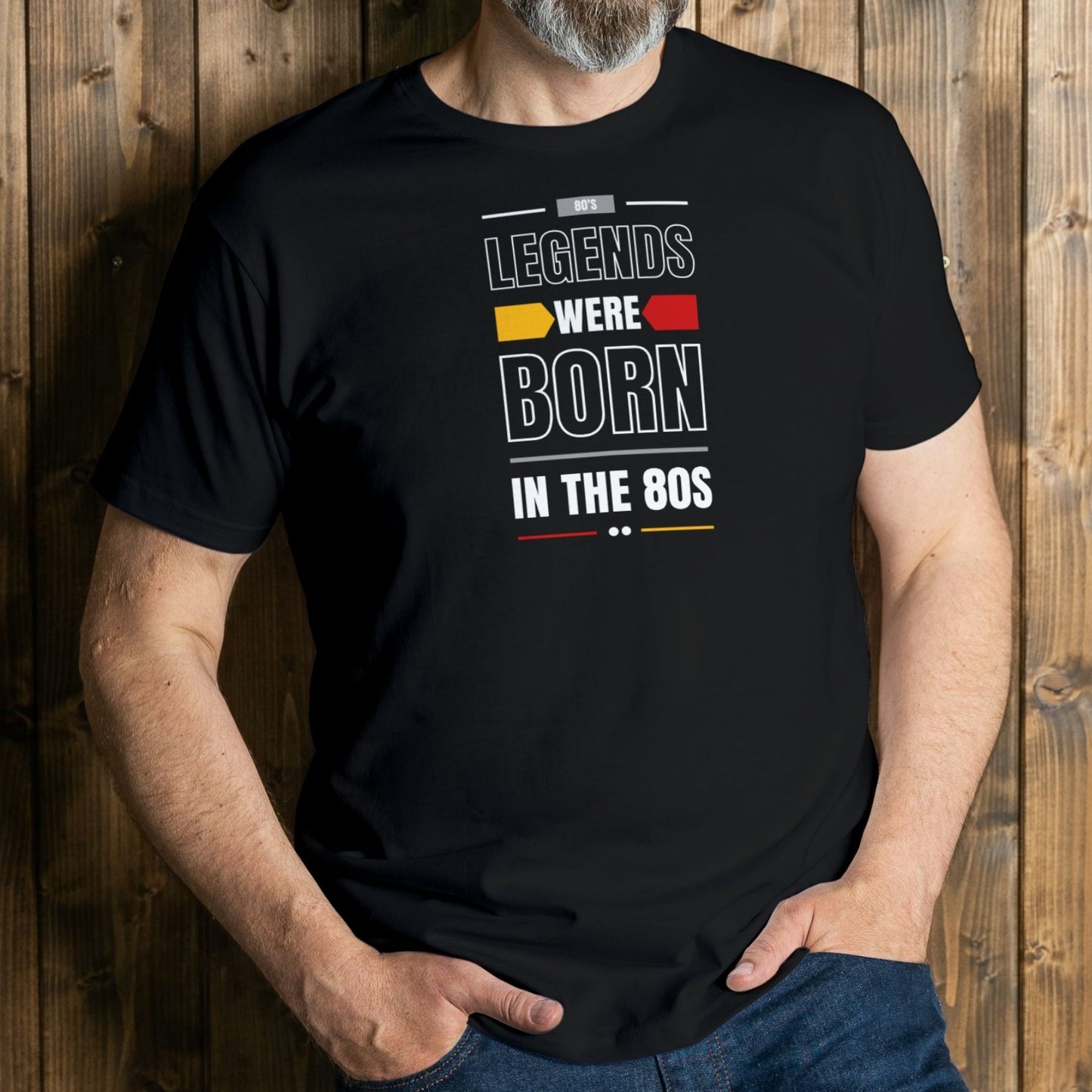man wearing legends were born in the 80s graphic tee