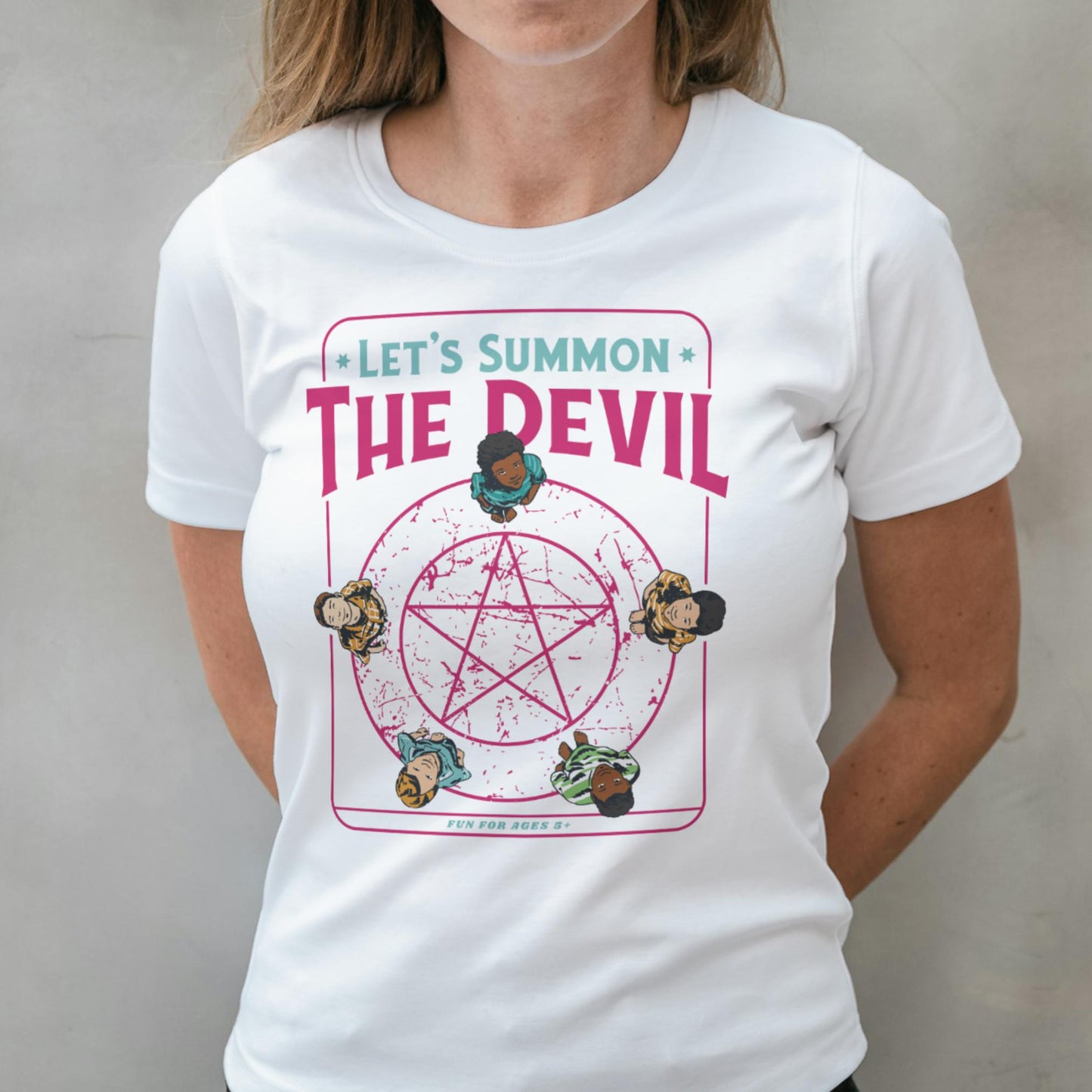 woman wearing summon the devil t shirt