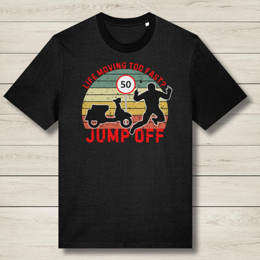 Black t-shirt with graphic design and text on a wooden surface