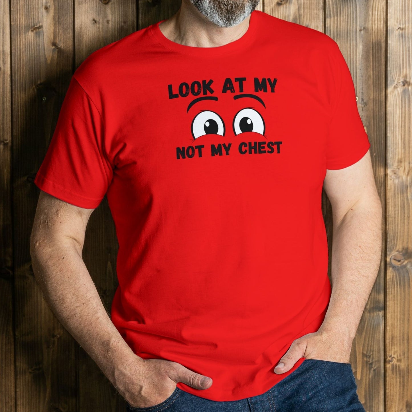 man wearing look at my eyes graphic tee
