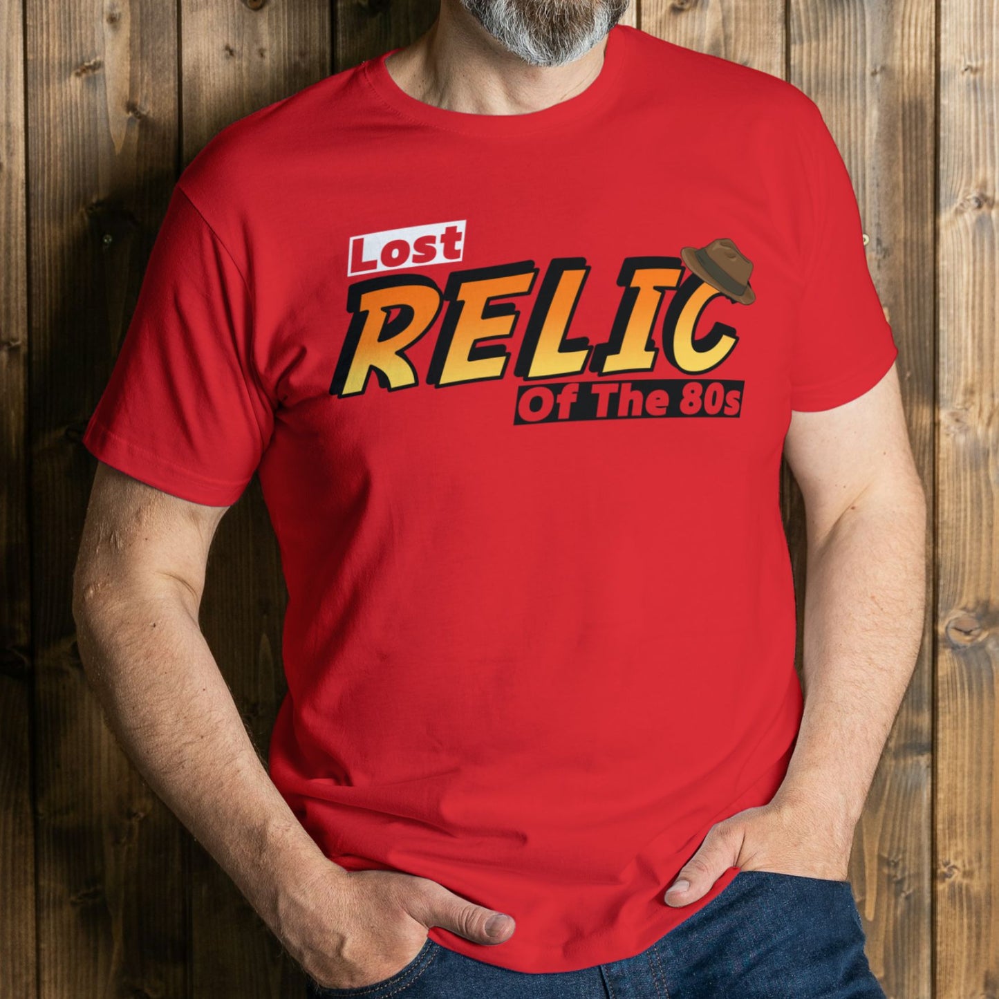 man wearing lost relic of the 80s graphic tee in red